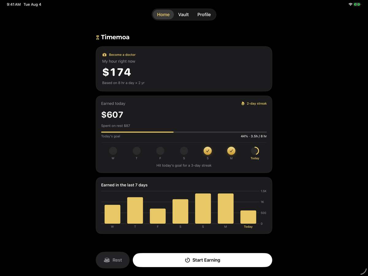 iPad split view: timer and Vault side by side